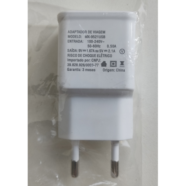 Carregador de viagem USB 9V/1.67A ou 5V/2.1A Branco